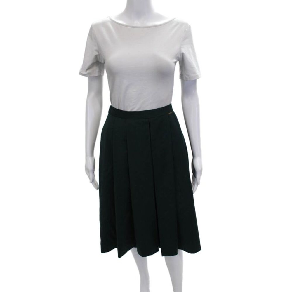 Geiger Collections Women Pleated Wool Skirt Knee Length Green Button Size 40